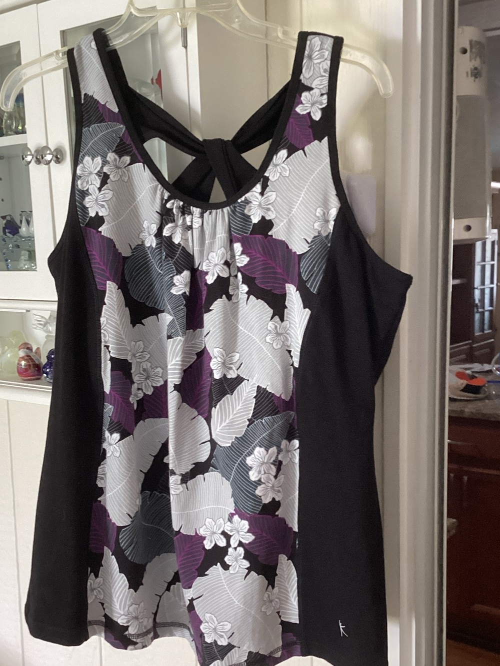 Danskin Now Black Floral Tank Top with White and Purple Print